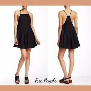 Free People Skipping Stones Cotton Linen Black Babydoll Mini Tank Dress Pleat XS